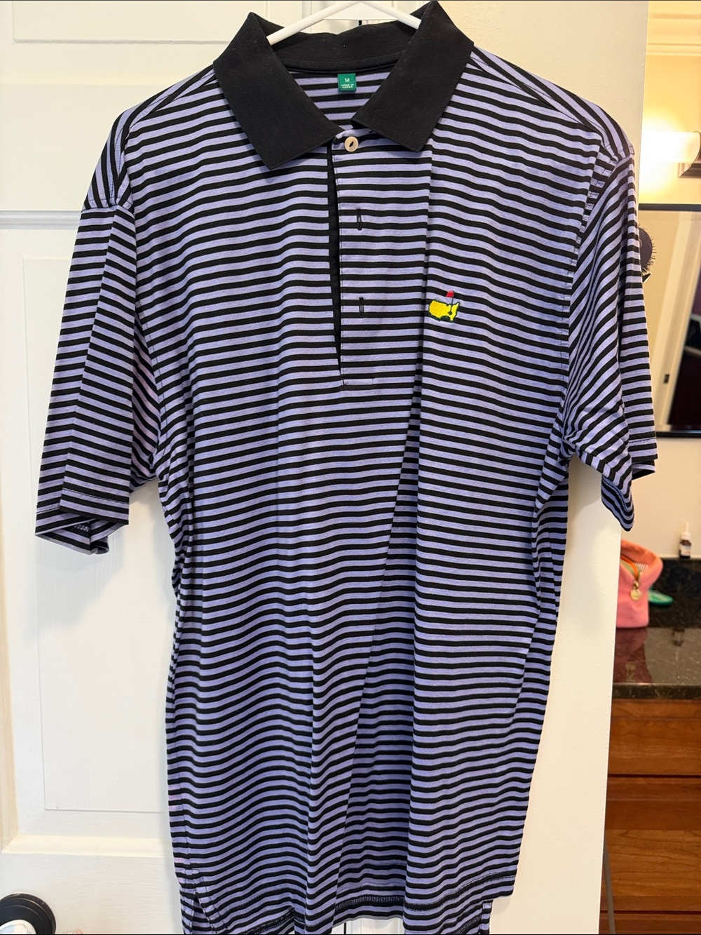 Masters Black and Light Purple Striped Polo with Yellow Logo